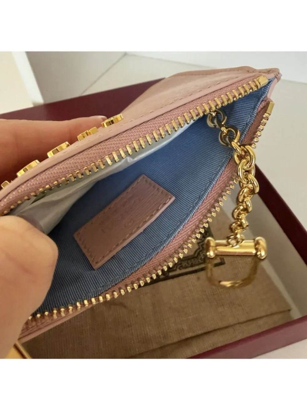 NEW GUCCI Zip Key Case With Script 100% Authentic Pink Wallet Cardholder